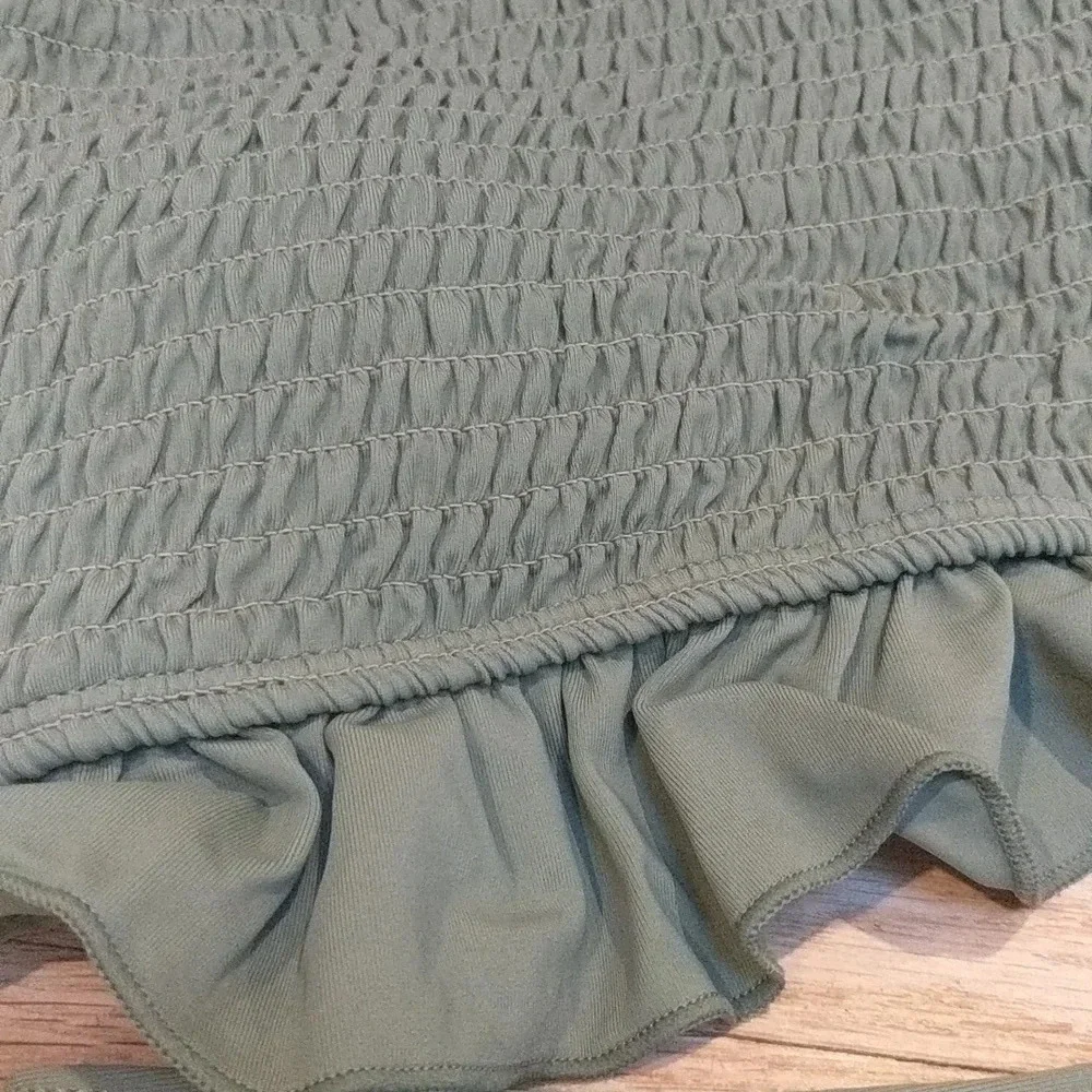 Ruched Shirred Bandeau Olive Green Bikini Medium